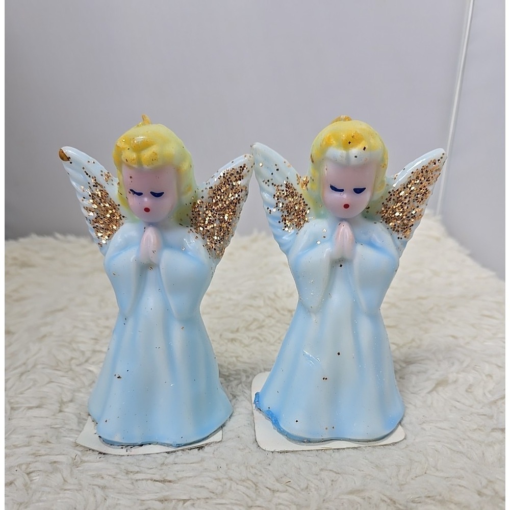 Vintage Pair of 2 Praying Angels Glitter Christmas Holiday Candle‎ 5" Unburned